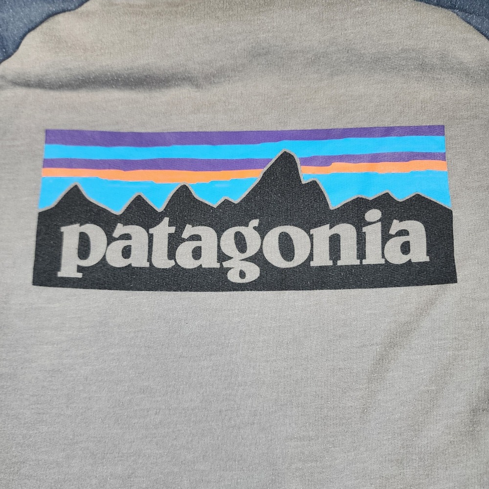 Patagonia Raglan Shirt Mens XL Fitz Roy Logo Organic Cotton Grey Blue L/S